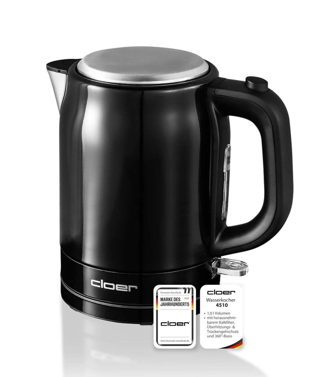 Cloer 4510 Wasserkocher Edelstahl, 2200 W, Wasserstandsanzeige, Trockengeh-und Überhitzungsschutz, 1