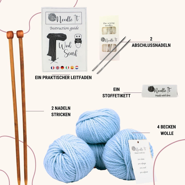 Needle It® - Komplettes Strickset für Anfänger mit Stricknadeln - Strickschal aus Wolle - Geschenkid