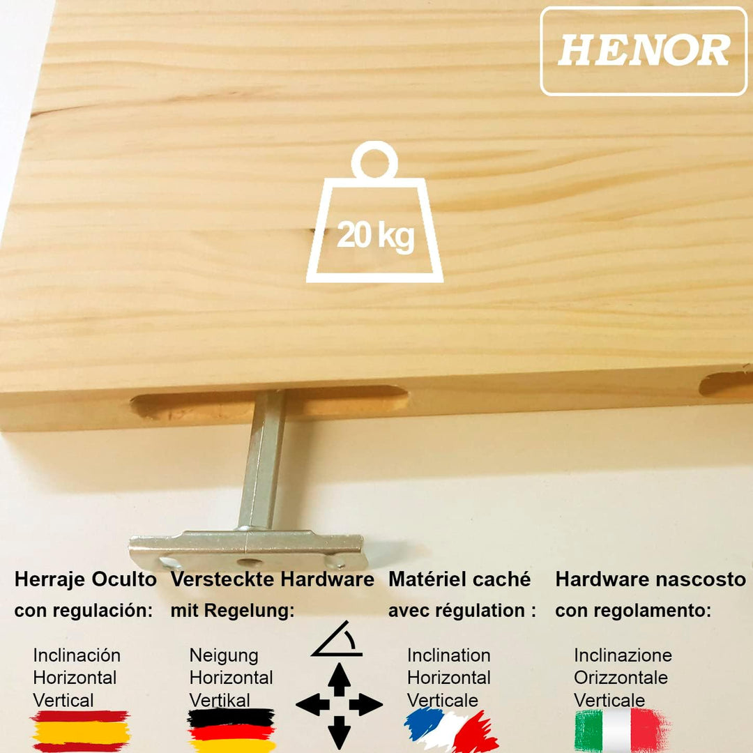 Henor Wandregal Holzwandregal 60 x 25 x 3 cm. Laden Sie 20 kg. Kiefernholz Natur 60 Kiefer F-25 Cm.,