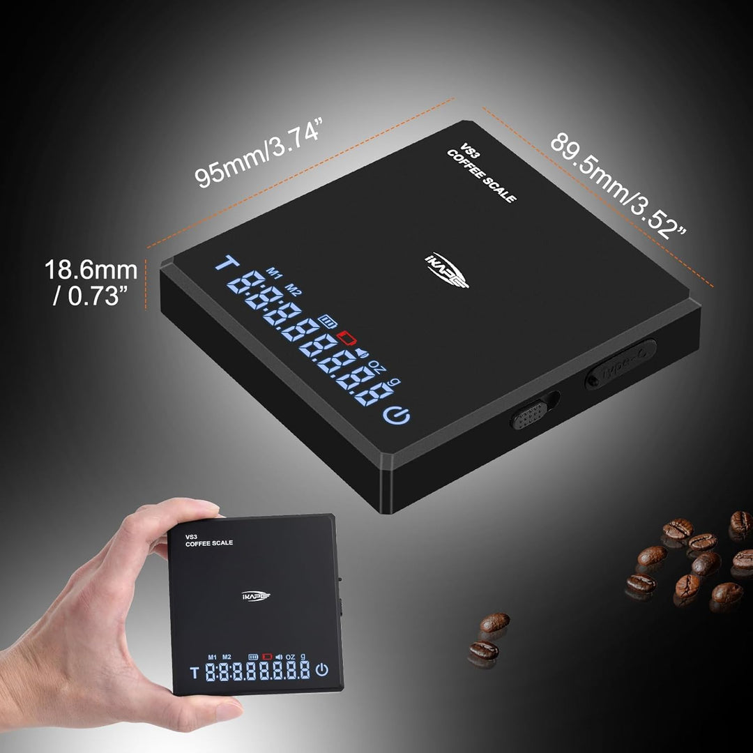 IKAPE Digitale Mini-Kaffeewaage mit Timer – 2 kg / 0,1 g hochpräzise, wiederaufladbare Waage für D
