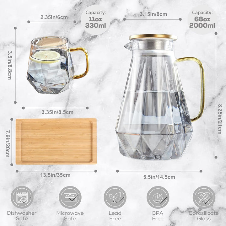 DUJUST Glaskaraffe mit Deckel 2 Liter, mit 4 Tassen, 1 Tablett, Wasserkrug im Modernen Schwarz Diama