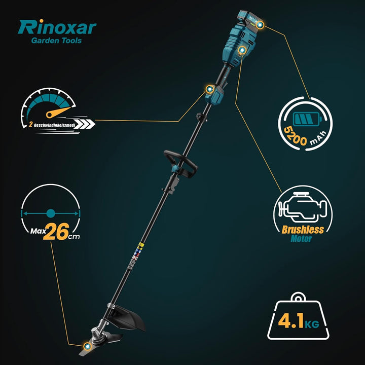 Rasentrimmer mit Akku, 26 cm Akku Freischneider mit Frontmotor, 2 x 5200 mAh Akkus und Ladegerät, 80