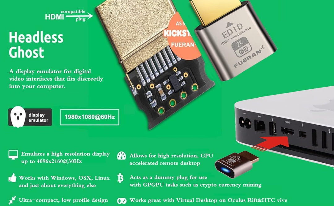 HDMI Dummy Plug Headless Ghost Display Emulator Premium Aluminum PC（Fit Headless-1920x1080 New 4RD@6