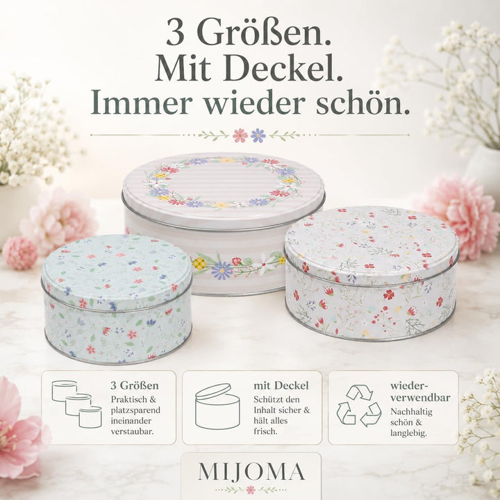 MIJOMA Keksdosen-Set – 3er-Set Metalldosen mit Deckel – Motiv Flowers | runde Dosen mit Motiv – stap