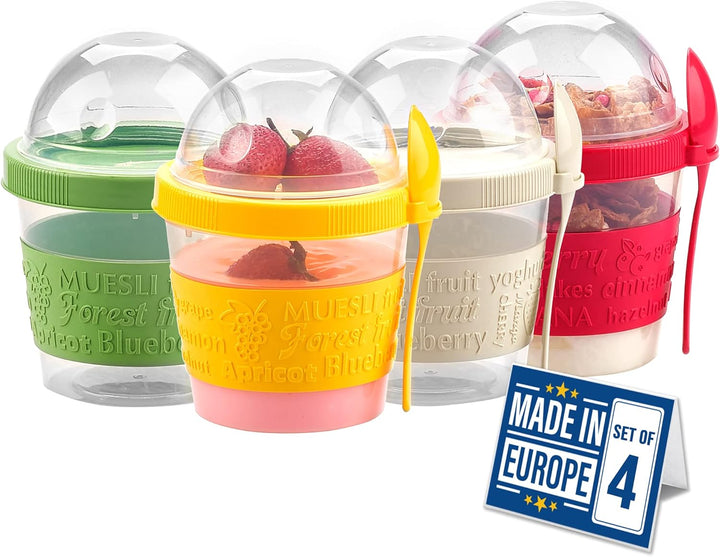 CRYSTALIA Yoghurt to Go Becher mit Löffel, Set 4 500ml 100% BPA FREI Müslibecher to Go mit Deckel, J