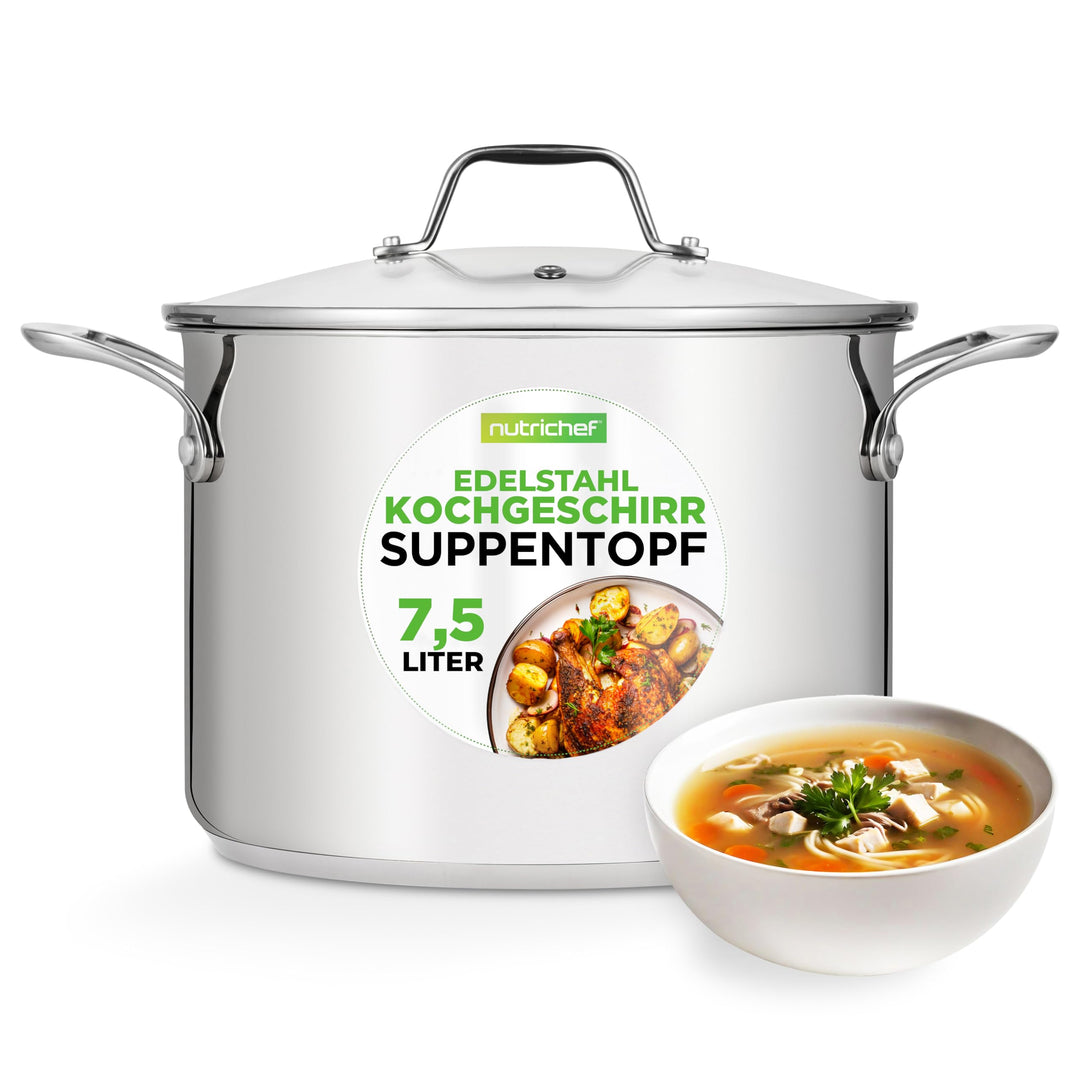 NutriChef Kochtopf gross, 8L Suppentopf Induktion aus Edelstahl mit Glasdeckel, 18/8 Grossraumtopf H