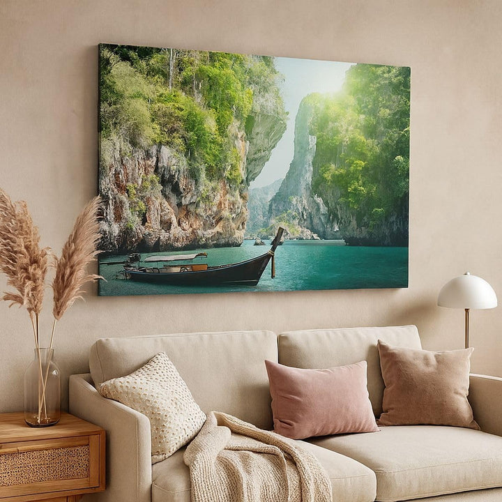 Bilder auf Leinwand 100x70cm Leinwandbild Boot Klippen Natur Felsen Gross Wanddeko Bild Schlafzimmer