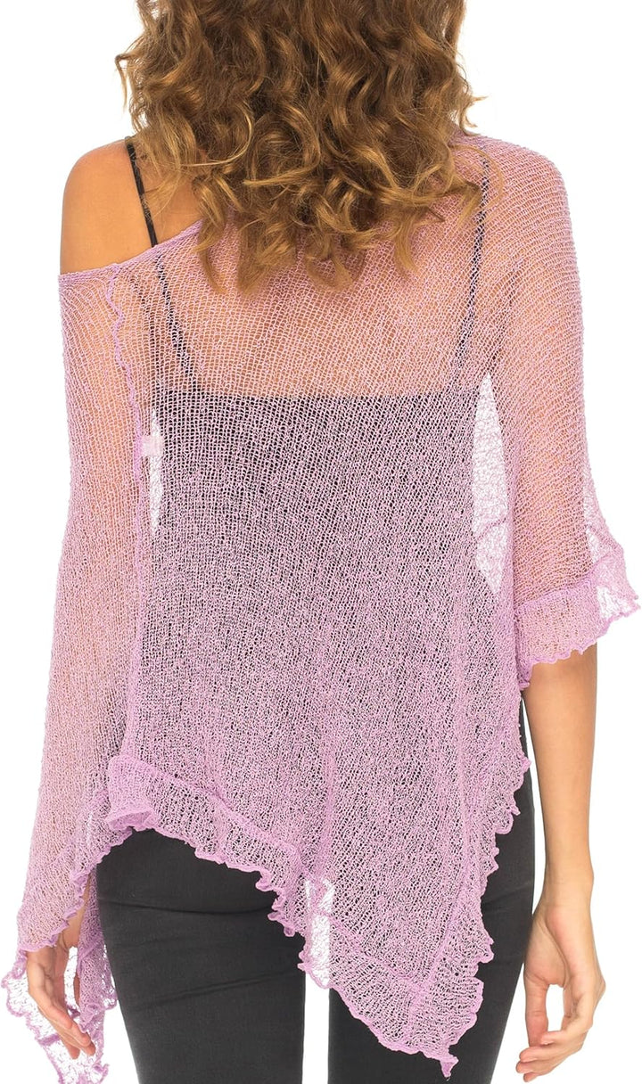 SHU-SHI - Damen Poncho-Top mit Rüschen - transparent - leichtes Strickmaterial Lavendelfarben, Laven
