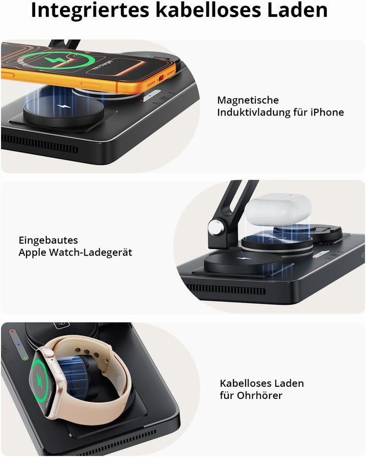 GEEKERA 4-in-1 Ladestation für Apple, Eingebautes einziehbares Ladekabel für iPad, Magnetisch Indukt