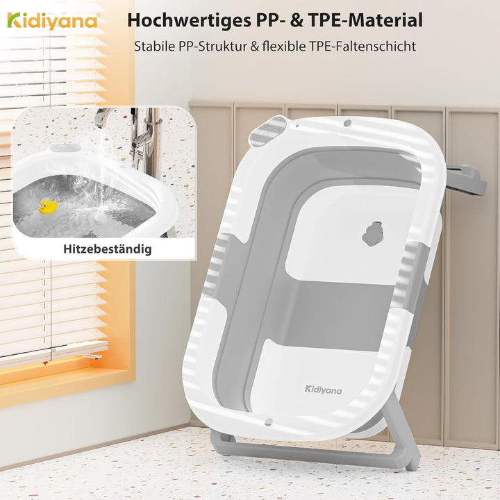 Baby Badewanne faltbar mit Gestell, stabil und rutschfest, platzsparend klappbar, mit Ablauf, PP & T