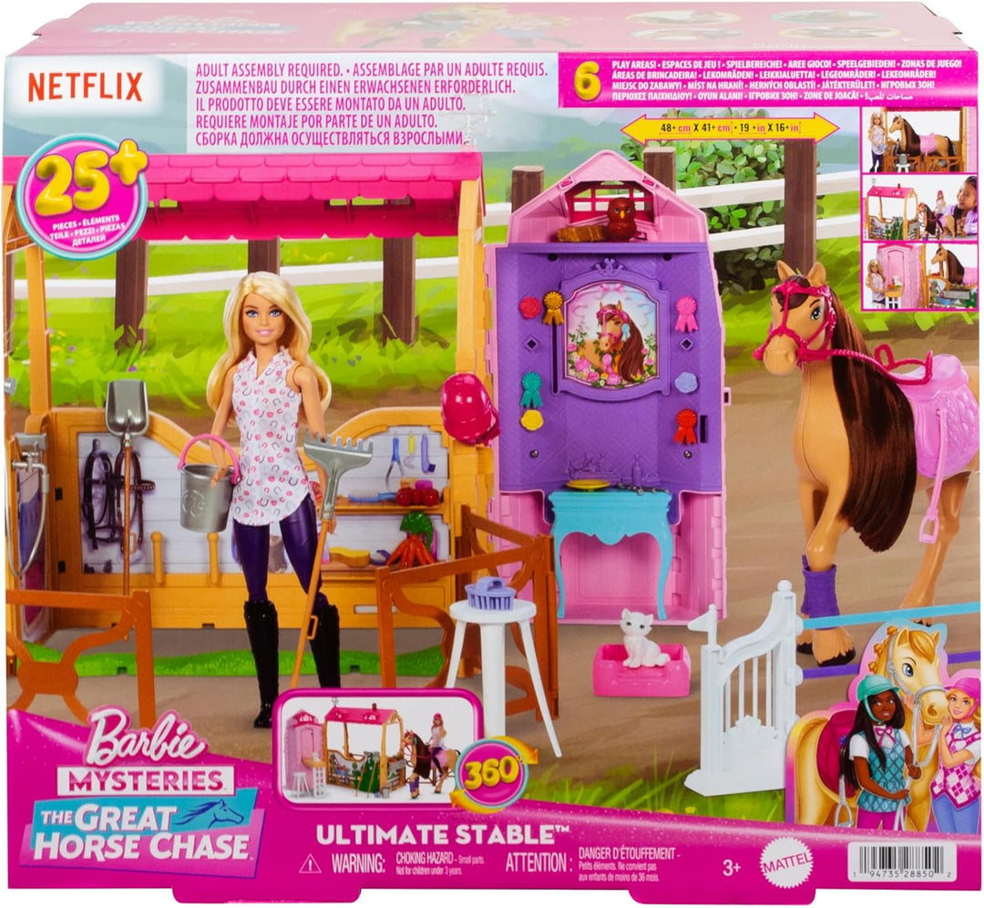 Barbie Spielzeugstall-Spielset mit Puppe, Pferd und Zubehör, mehr als 25 Teile mit 6 Spielbereichen,