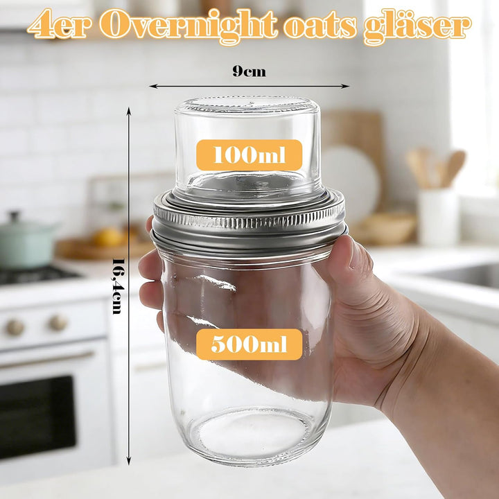 4er Müslibecher to go, 500ml+100ml Overnight Oats Gläser, Joghurtbecher to go mit Doppelschicht-Desi