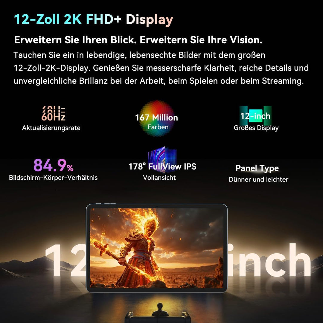 Blackview Mega2 12 Zoll Tablet mit Tastatur, 2K FHD+ Grosses Display, 18GB RAM + 256GB ROM, Gaming T