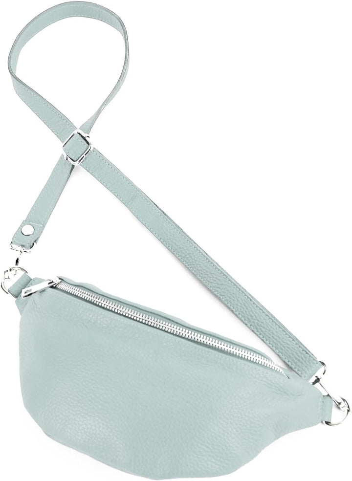 modamoda de - T211 - ital. Hüfttasche Bauchtasche Brusttasche Medium aus weichem Leder, Farbe:Eisbla