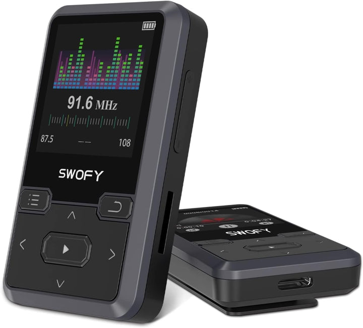 SWOFY MP3 Player Bluetooth 5.0 mit Sport Clip, 32GB Tragbarer Mini Musik Player mit Kopfhörer, FM Ra
