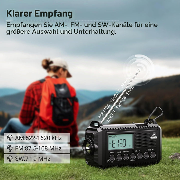 AM/FM/SW Baustellenradio, Kurbelradio mit Weltempfänger, Notfallradio Typ C Anschluss, Powerbank/SOS