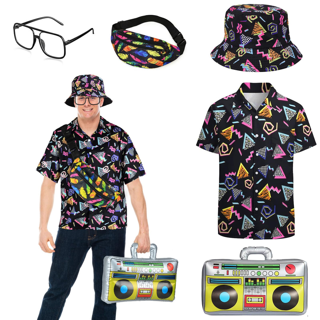 BIQIQI 80er Jahre Outfit Herren 80er Jahre Kleidung Set Rapper Zubehör mit Eimer Hut Gläser Hemd Bau