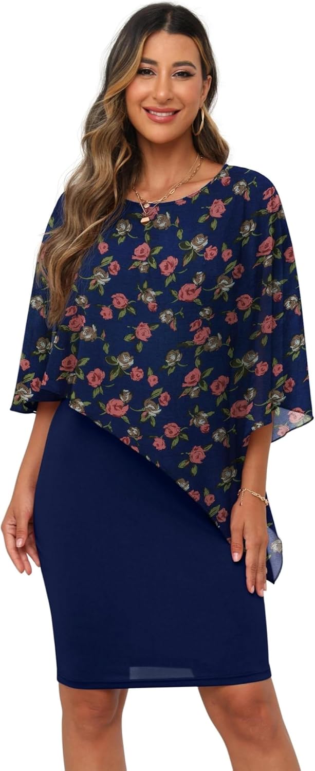 QIXING Damen Chiffon Cape Cocktialkleid Rundhals Ausschnitt Bleistiftkleid Sommerkleid Damen Knielan