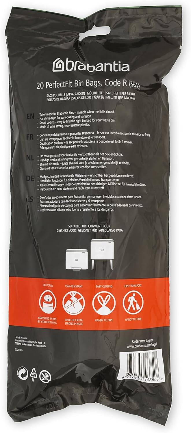 Brabantia Müllbeutel PerfectFit Multipack (Code R / 36L) Extra Starke Müllsäcke mit Zugband, 6 rolle