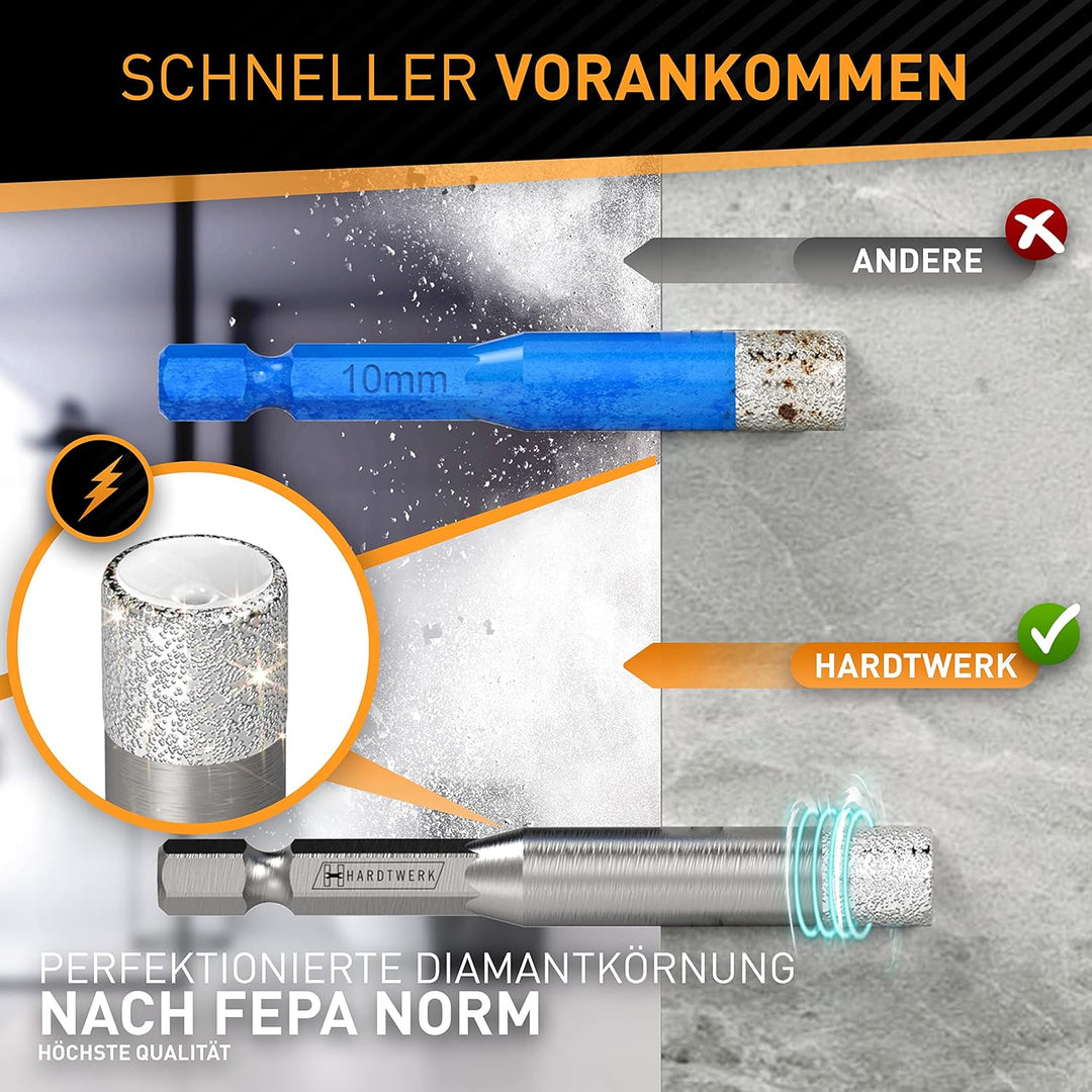HARDTWERK Turbo Diamantbohrer 6-tlg. Fliesenbohrer Set [6, 8, 10, 12mm] mit 6mm Karbid-Anbohrer (ink