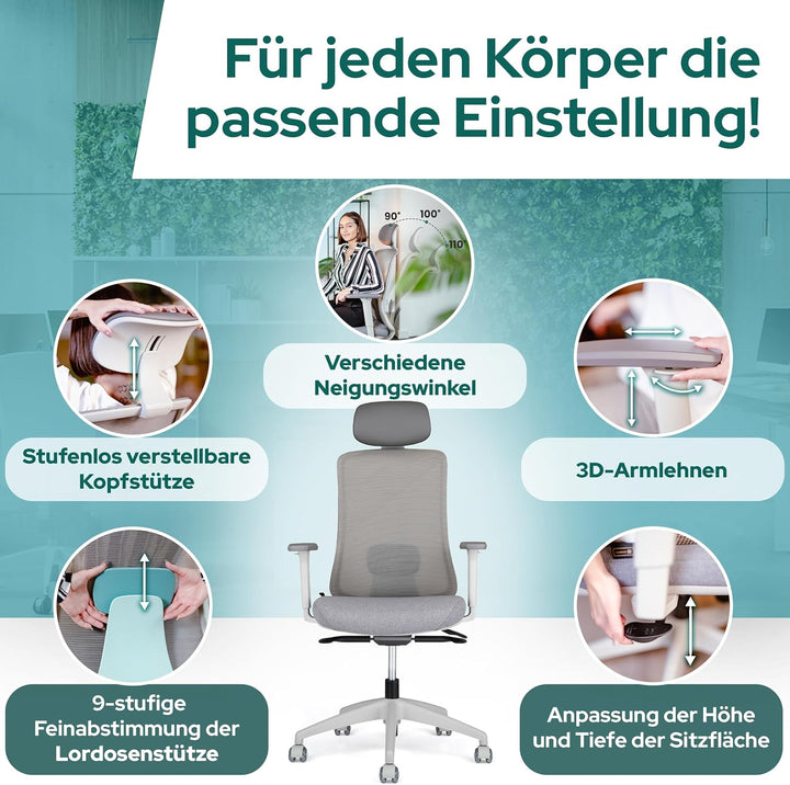 SCHEKKA® Ergonomischer Bürostuhl [verstellbare Lordosenstütze] 3D-Armlehnen | Kopfstütze | Atmungsak
