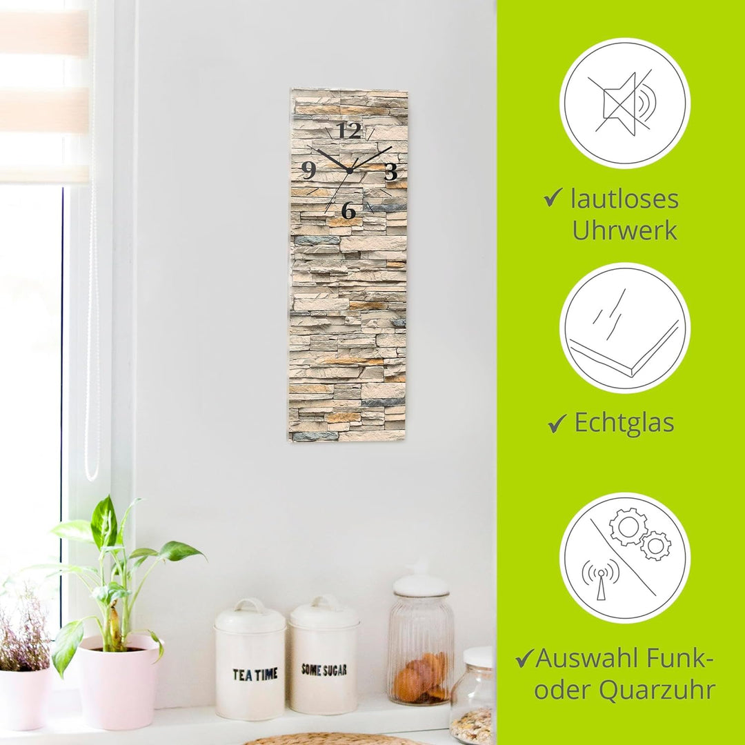 ARTLAND Wanduhr ohne Tickgeräusche aus Glas Funkuhr 20x60 cm Rechteckig Lautlos 20x60 cm Braune alte