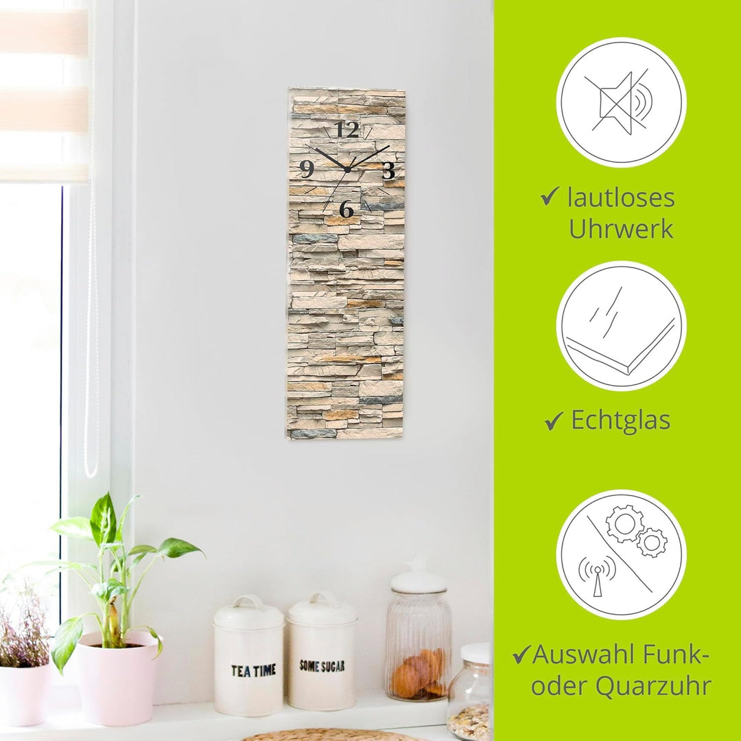 ARTLAND Wanddeko Wanduhr ohne Tickgeräusche aus Glas Quarzuhr 20x60 cm Rechteckig Lautlos 20x60 cm B