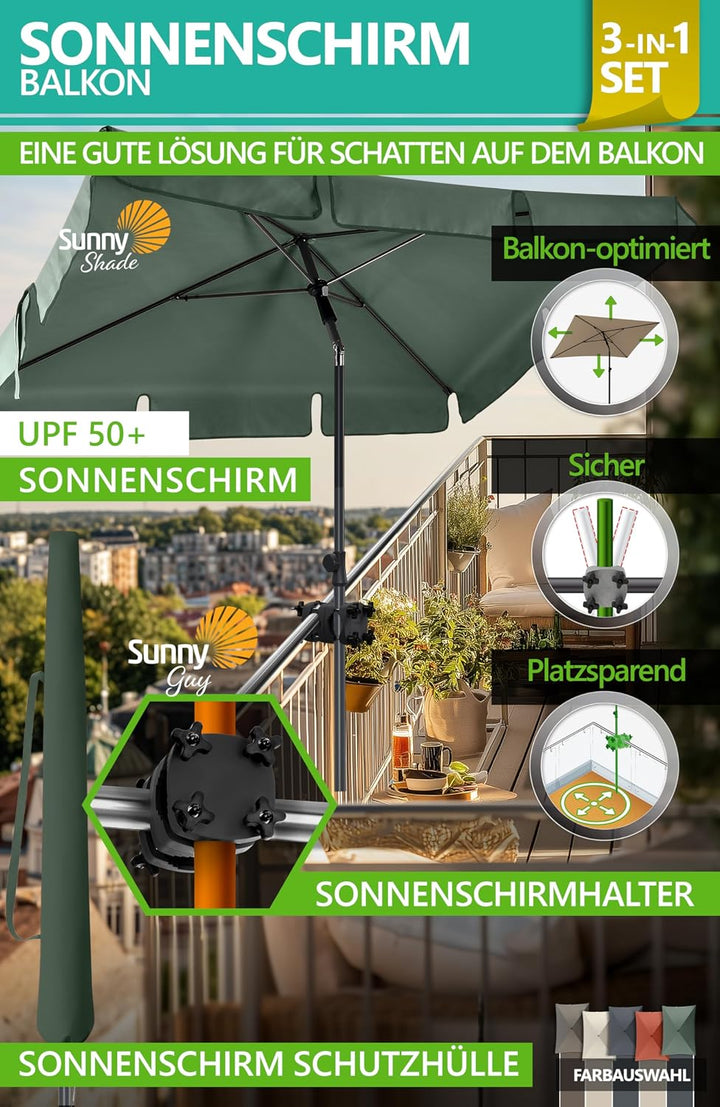 4smile Sonnenschirm Balkon SunnyShade, 200 x 125 cm, Grün - UPF 50+ Sonnenschirm rechteckig als Sonn