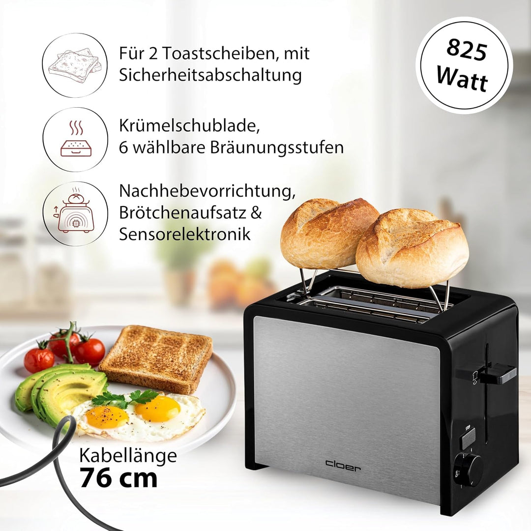 Cloer 3210 Toaster, 825 W, für 2 Toastscheiben, integrierter Brötchenaufsatz, Nachhebevorrichtung, K