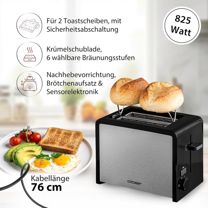 Cloer 3210 Toaster, 825 W, für 2 Toastscheiben, integrierter Brötchenaufsatz, Nachhebevorrichtung, K