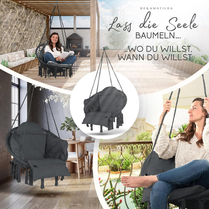 BELLAMATILDA® Hängesessel mit XXXL Kissen 100% Baumwolle | Weicher Hängestuhl Outdoor & Indoor | Hän