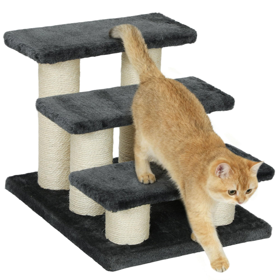 PawHut Tiertreppe Katzentreppe 3 Stufen Hundetreppe Treppe für Katze und Hunde Plüsch Dunkelgrau 45