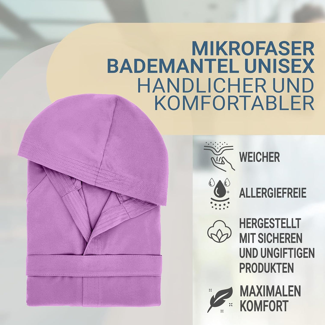 Dorian Home Bademantel aus Mikrofaser für Herren und Damen, Unisex, mit praktischen Taschen und Kapu