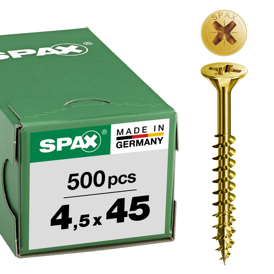 SPAX Universalschraube, 4,5 x 45 mm, 500 Stück, Kreuzschlitz Z2, Senkkopf, Teilgewinde, 4CUT, YELLOX