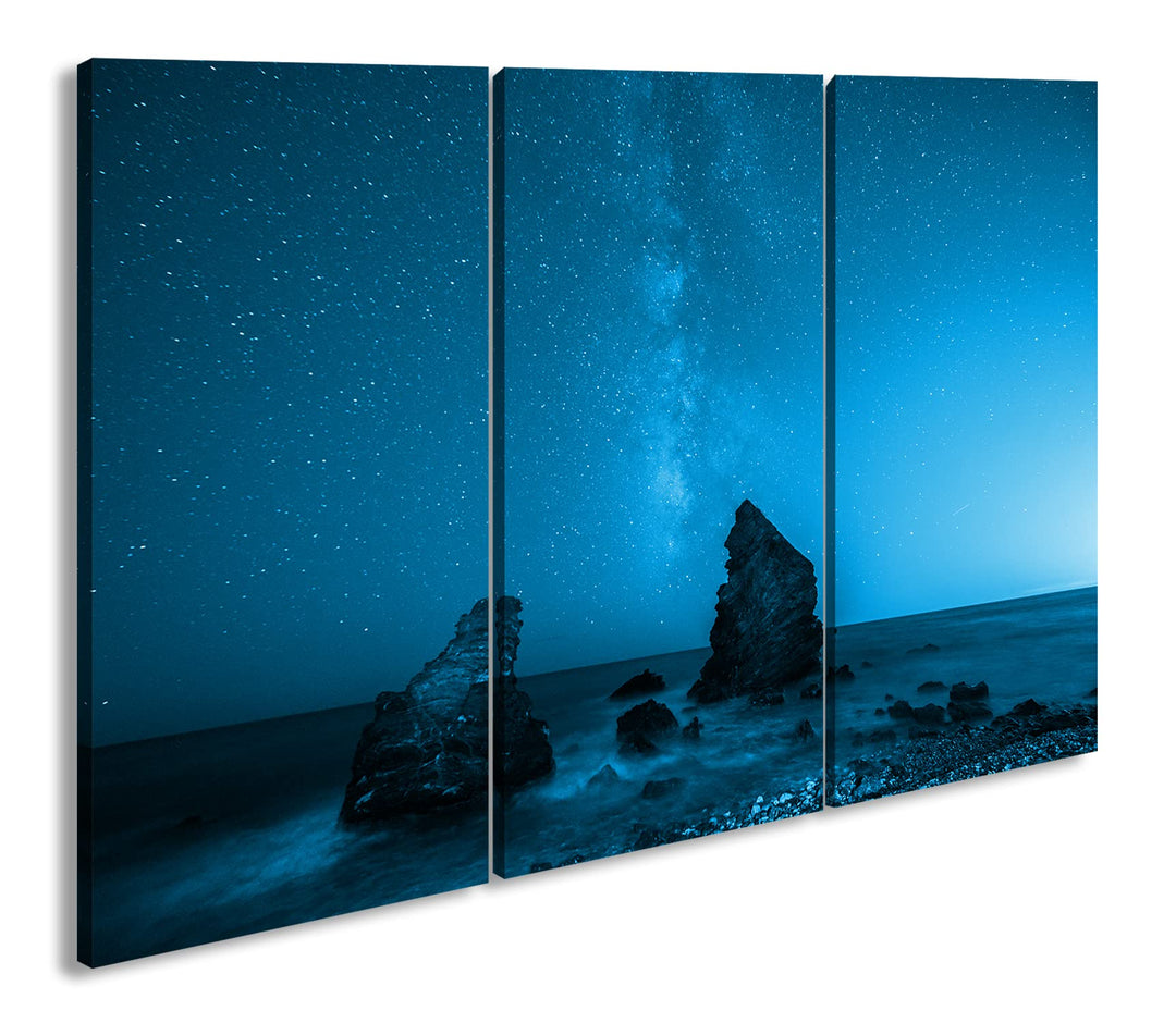 atemberaubender Sternenhimmel am Meer Effekt: Zeichnung Format: 3-teilig 120x80, Motiv fertig gerahm