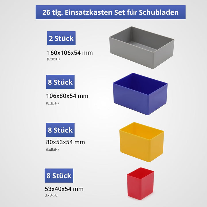 Schubladen Einsatzkasten Mix Set, verschiedene Grössen & Farben, Schubladeneinsätze, Kleinteilesorti