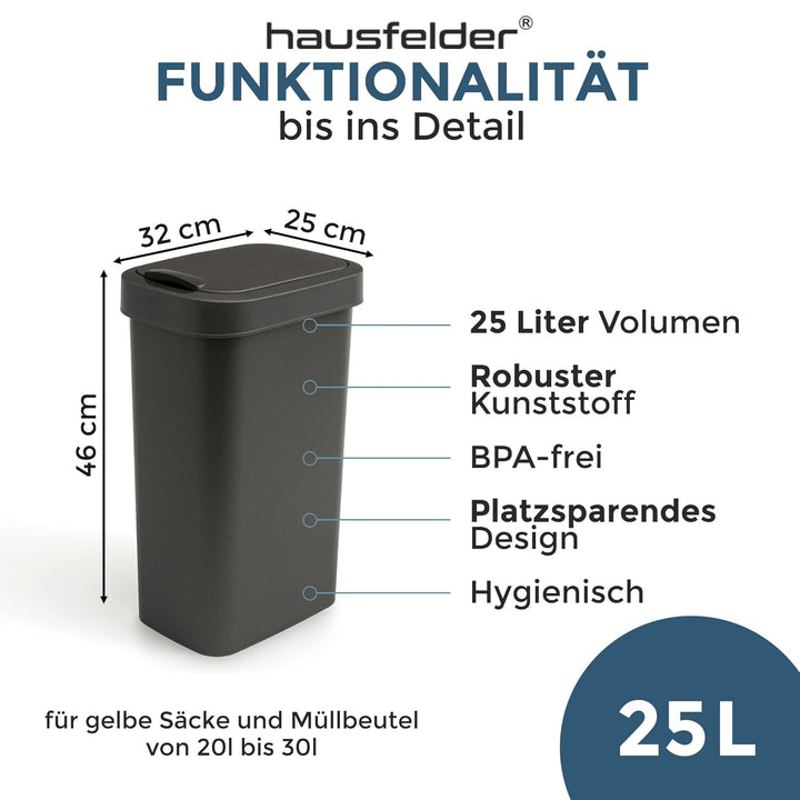Hausfelder Mülleimer 25l mit Deckel schwarz, Abfalleimer Küche schmal 30x25 cm, Schwingdeckel für Re