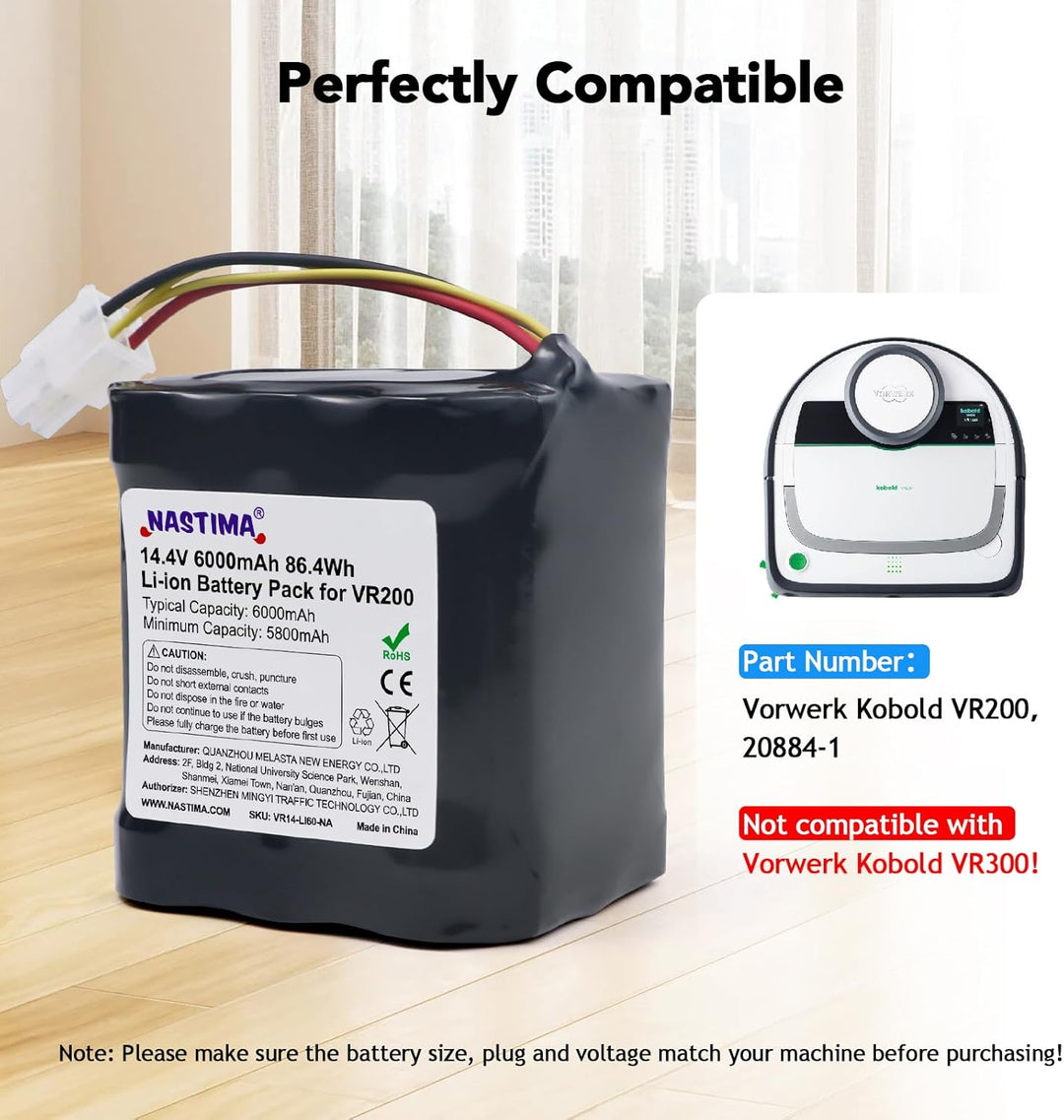 NASTIMA 14,4V 6000mAh Li-Ion Akku Kompatibel mit Vorwerk Kobold VR200, Art.-Nr. 20884-1, 4NCR18650P2