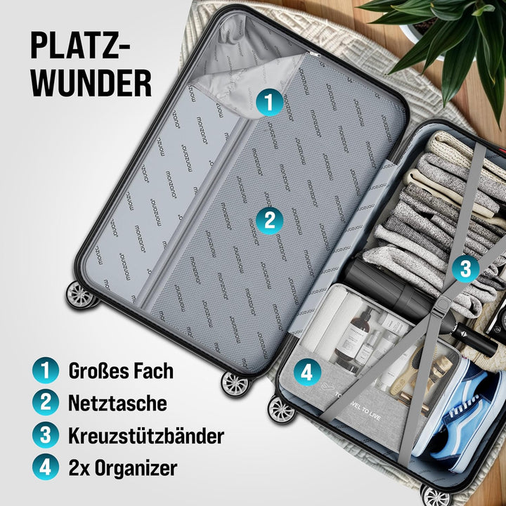 Monzana® 4tlg Kofferset Schloss Organizer Kofferwaage Gurt Gel-Griffe Zwillingsrollen Standfüsse Tro