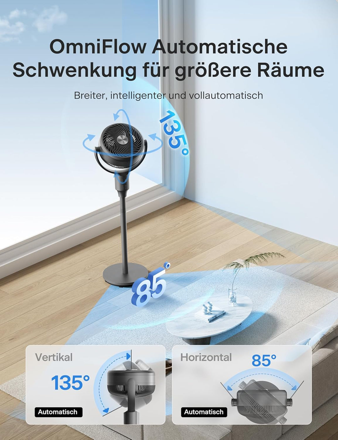 PELONIS Standventilator, Luftzirkulator, Ultra OmniFlow (135°+90° automatische Oszillation), leiser