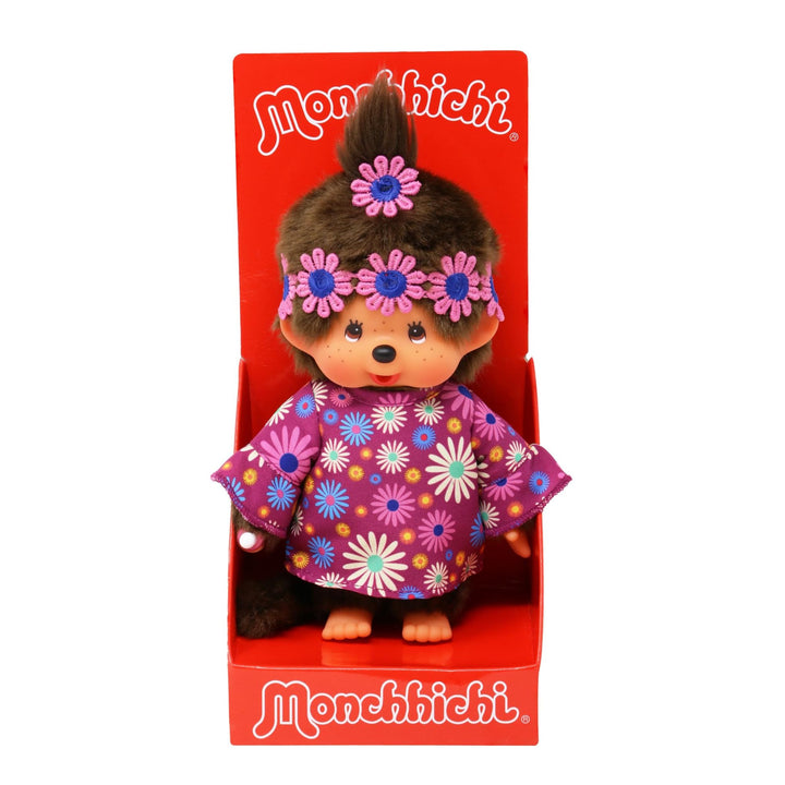 Sekiguchi 252893 - Original Monchhichi Mädchen Flower Power in Lila und Blau, ca. 20 cm grosses Kusc