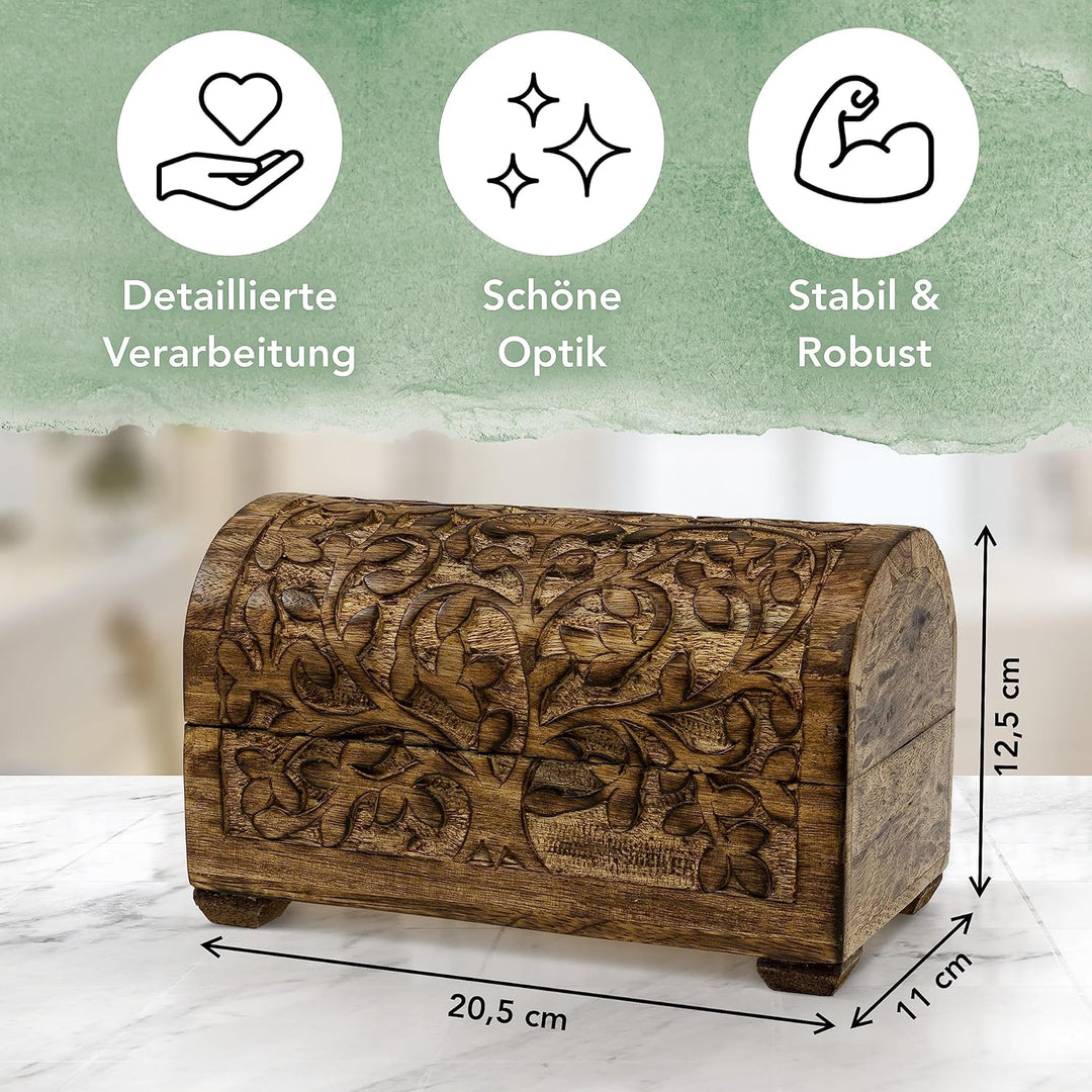 Schatzkiste Baum des Lebens, massive Holz-Schatulle Dekobox 20,5 x 11 x 12,5 cm Braun Box Baum des L