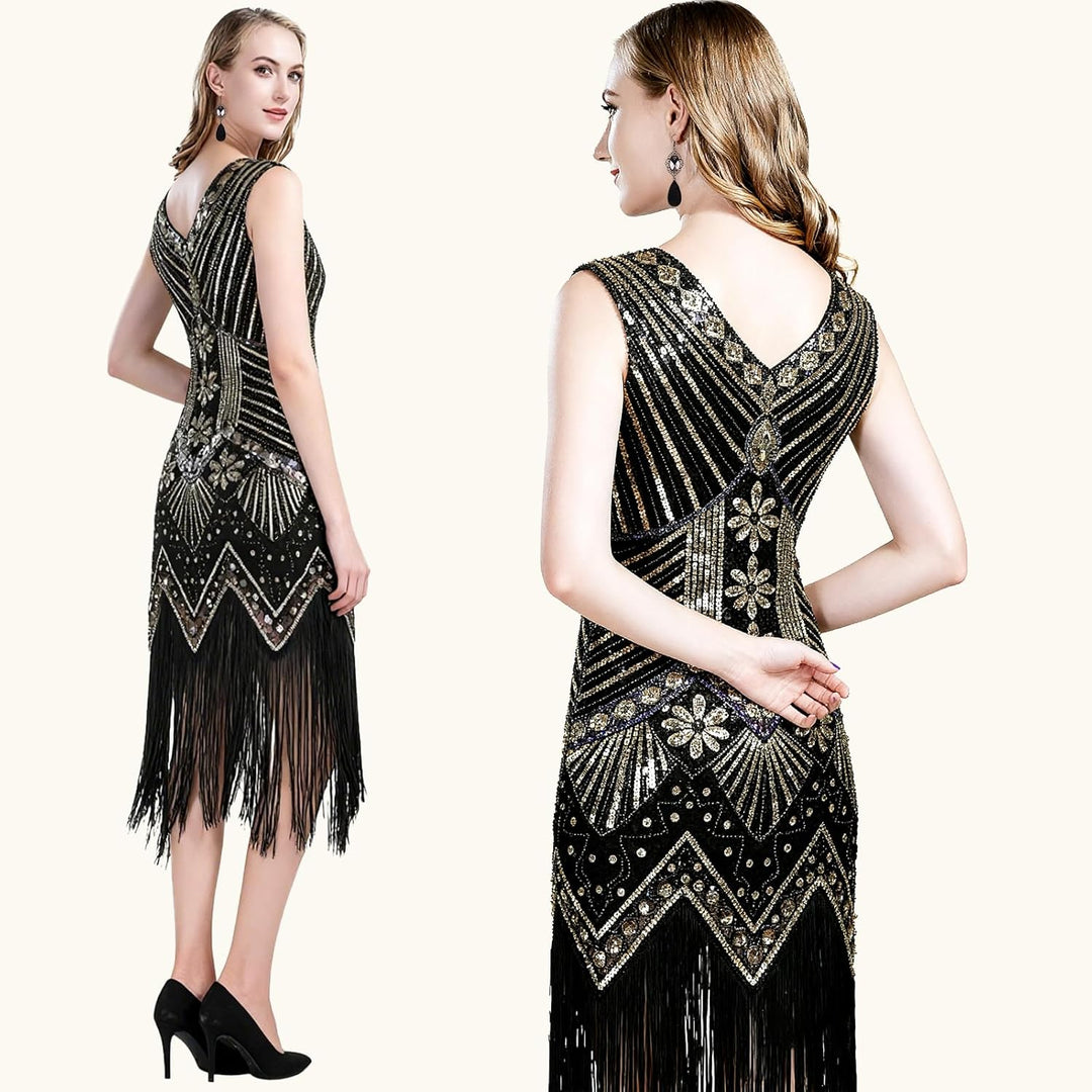 FEPITO 1920er Jahre V-Ausschnitt Pailletten Perlen Fransen Kleid mit 20er Jahren Zubehör Set Black A