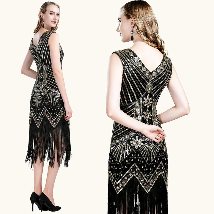 FEPITO 1920er Jahre V-Ausschnitt Pailletten Perlen Fransen Kleid mit 20er Jahren Zubehör Set Black A