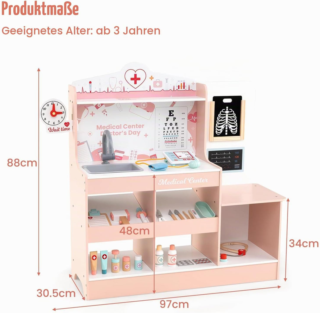 HOMASIS Arzt-Set aus Holz, Arzt-Set für Kinder mit Waschbecken, Sichtprüfung, Elektrokardiogramm, Uh