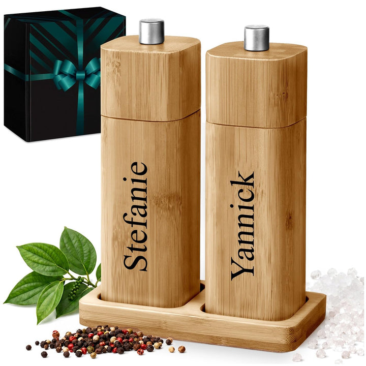 Maverton Bambus Salz und Pfeffermühle mit Aufdruck - Hochzeitsgeschenke für Brautpaar - personalisie