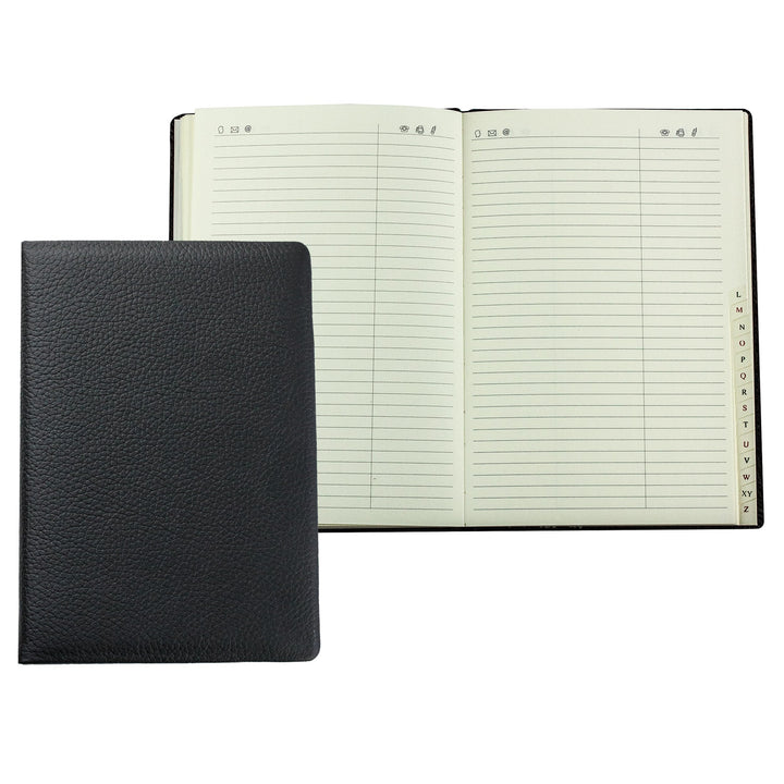 DELMON VARONE - Personalisierbares Adressbuch DIN A5 gebunden mit A-Z Register Softgrain Leder schwa