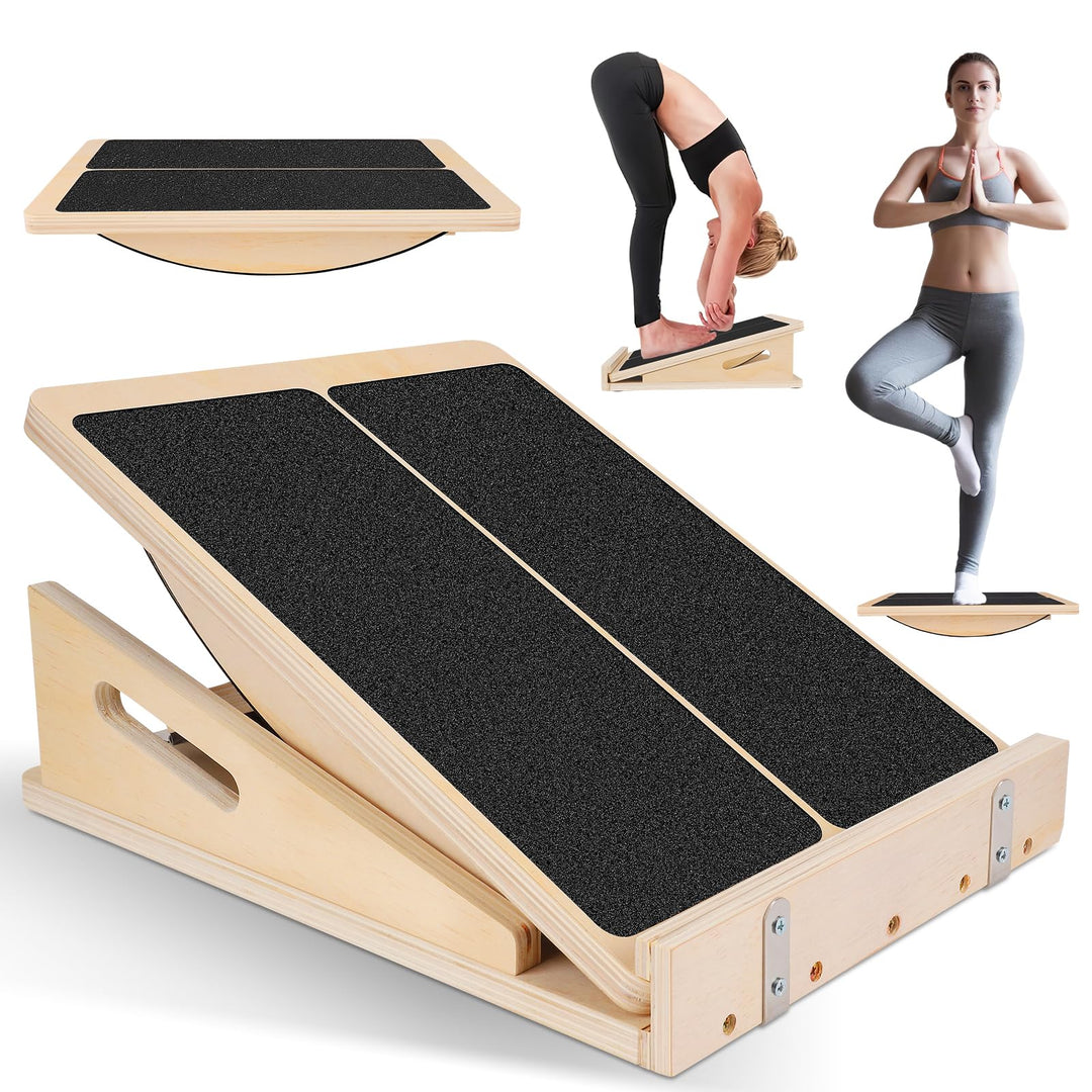 2-in-1 Balance Board Erwachsene, Tragbares Schrägbrett aus Holz für Wadendehnung und Neigungsbrett,