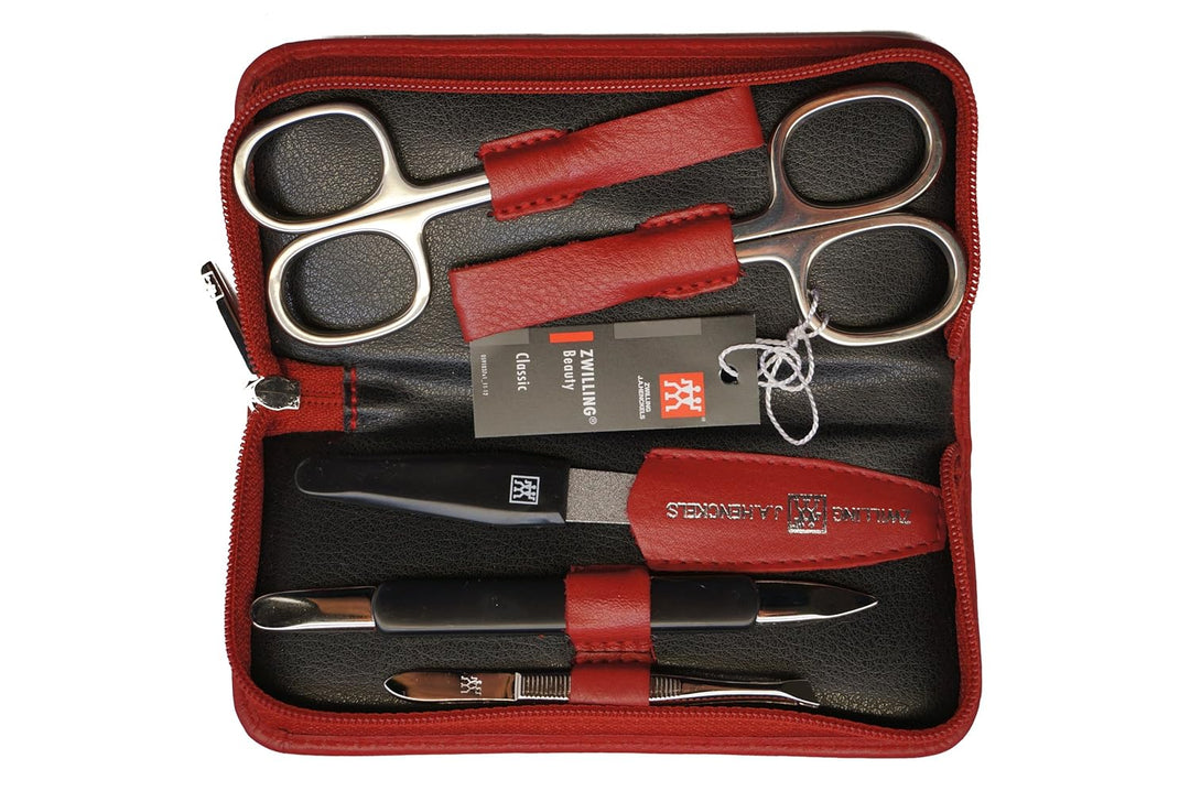 Zwilling 97247-035 Manicure-Etui (5-teilig), Leder-Reissverschluss-Etui (rot), Instrumente vernickel