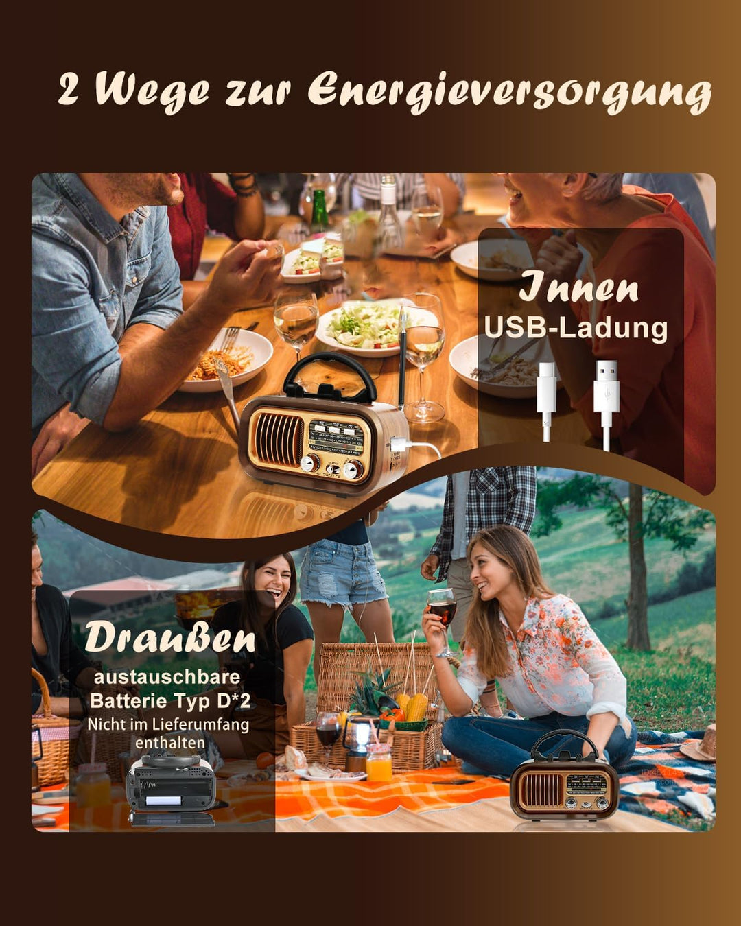 Retro Radio mit Bluetooth, AM/FM/SW Klein Radio Batteriebetrieben, Kofferradio Küchenradio Betrieben